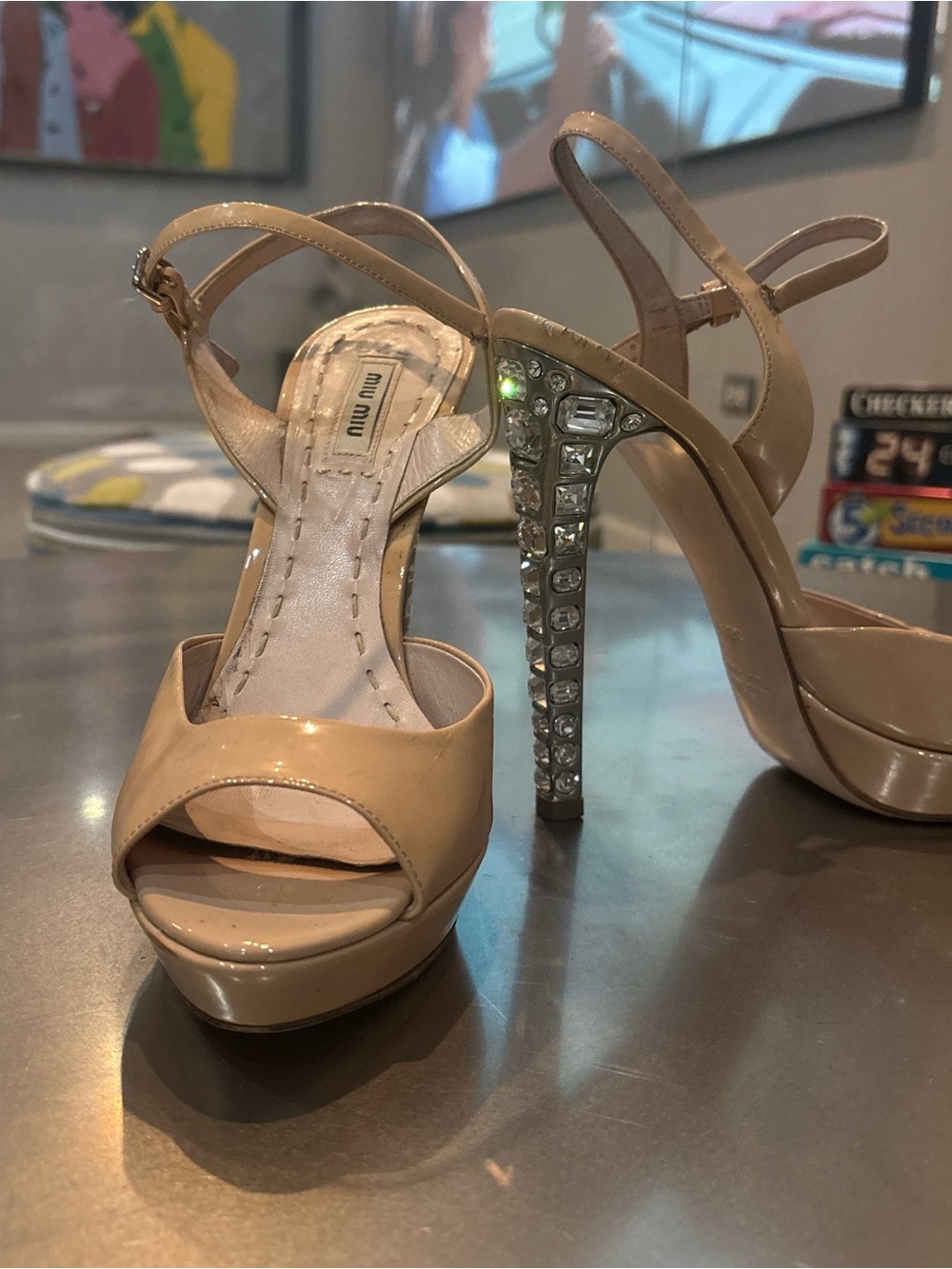 Miu Miu Nude Patent Leather Crystal-Embellished Platform Sandals